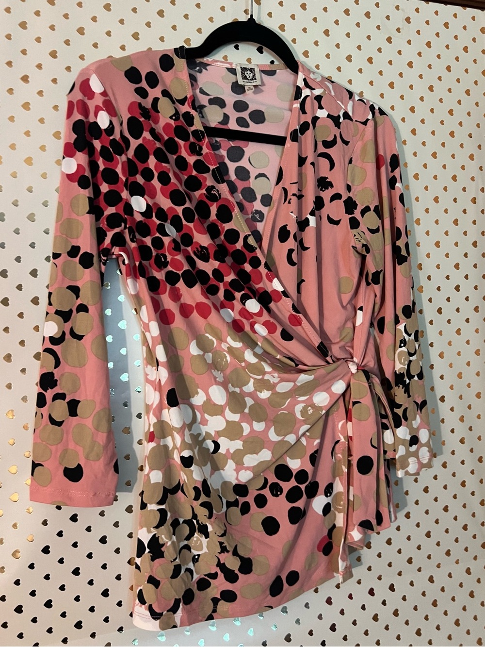 Anne Klein Pink Polka Dot Wrap Blouse with Side Tie